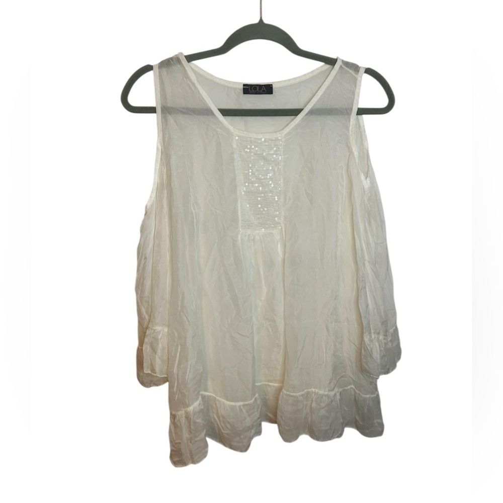 Lola Made In Italy White Silk Sequin Cold Shoulder Blouse